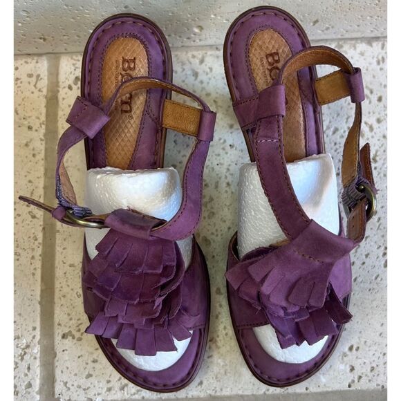 Born Mauve Purple Leather Fringe Tassel Heels Sandals Size 8 - Picture 4 of 16